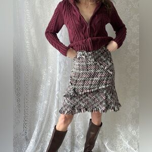 Vintage Y2K Amorose Tweed Mini Skirt Raw Fringe Asymmetrical